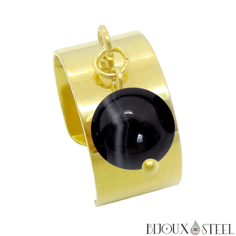 Bague large ajustable à perle d'agate noire à rayures