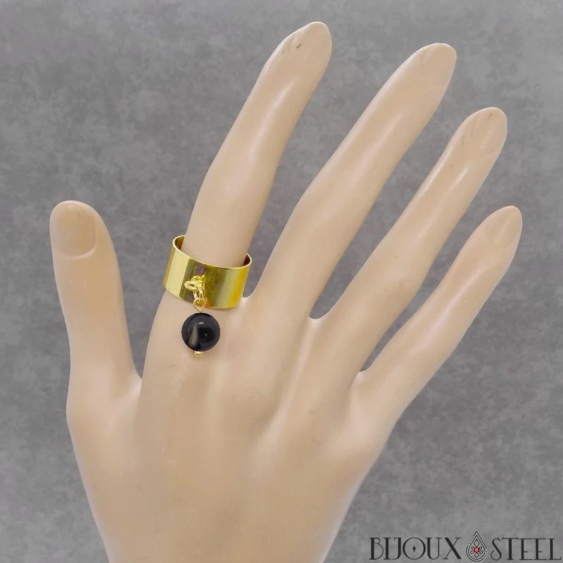 Bague large ajustable à perle d'agate noire à rayures