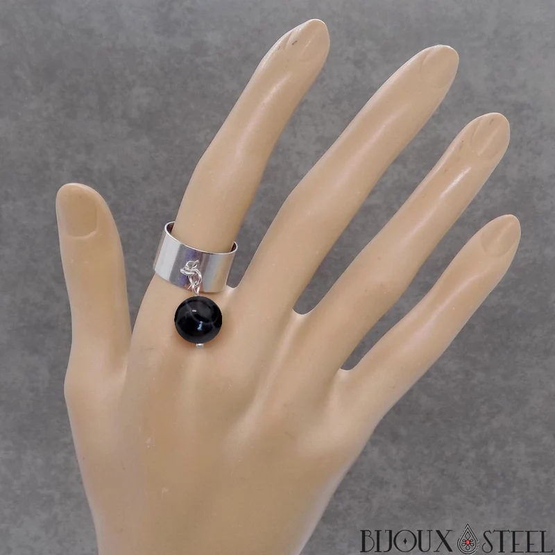 Bague large ajustable à perle d'agate noire à rayures