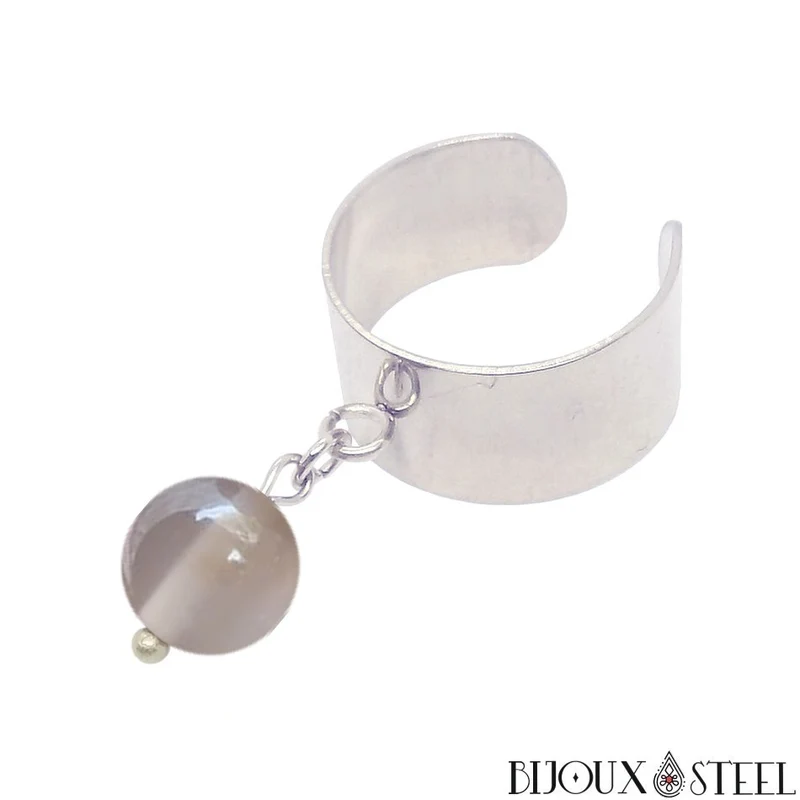 Bague large ajustable à perle d'agate grise