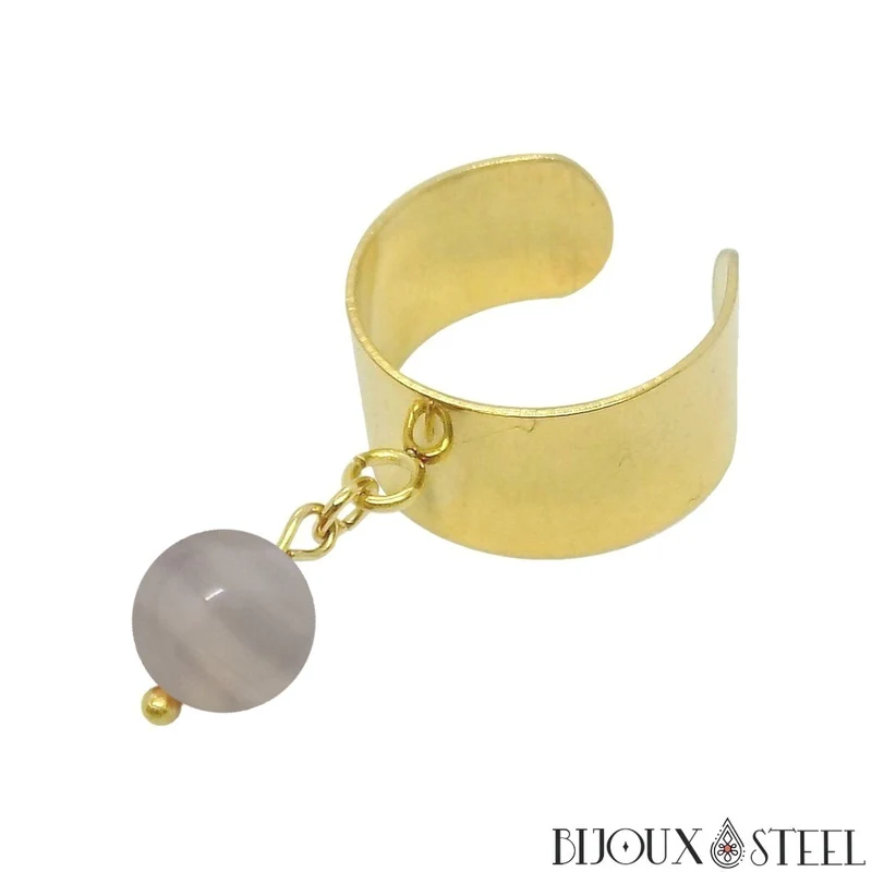 Bague large ajustable à perle d'agate grise