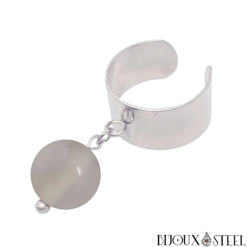 Bague large ajustable à perle d'agate grise