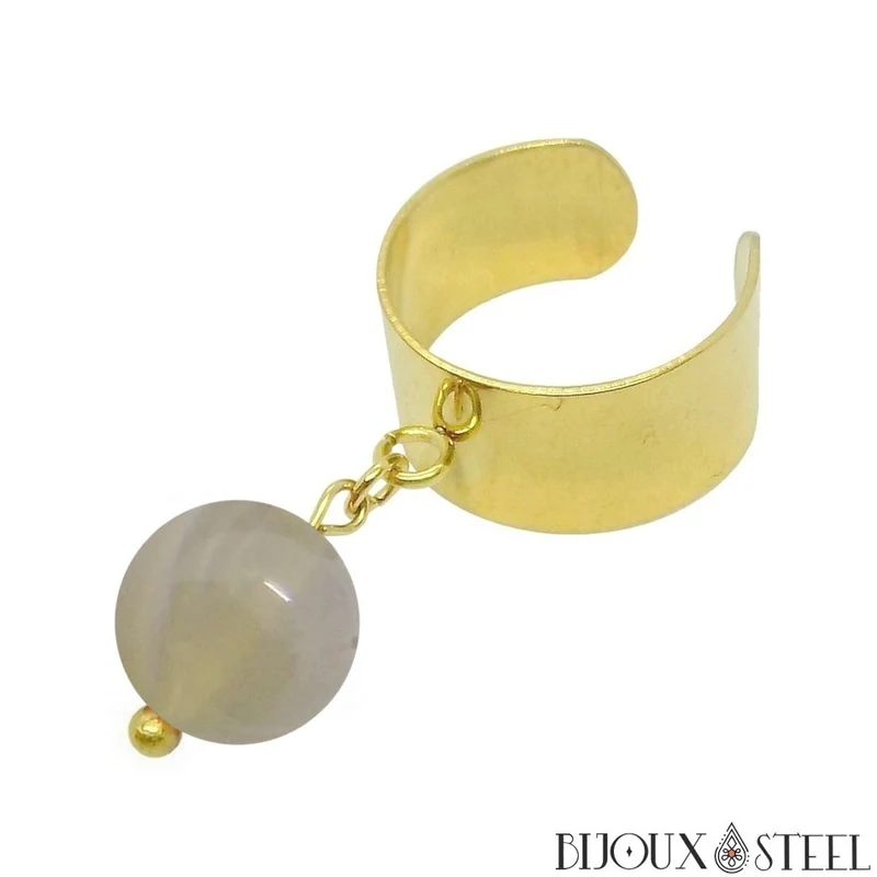 Bague large ajustable à perle d'agate grise