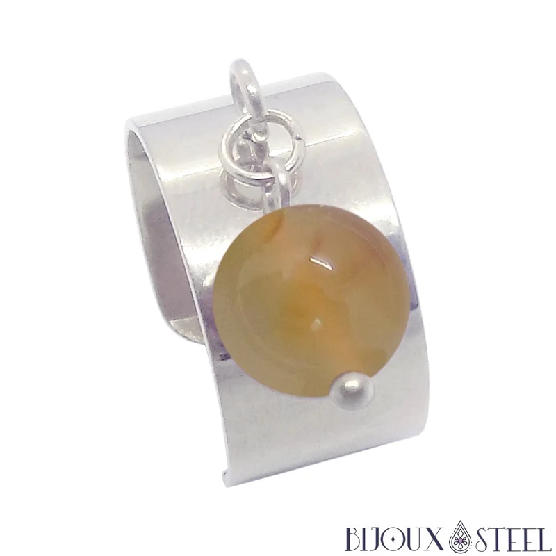 Bague large ajustable à perle d'agate grise