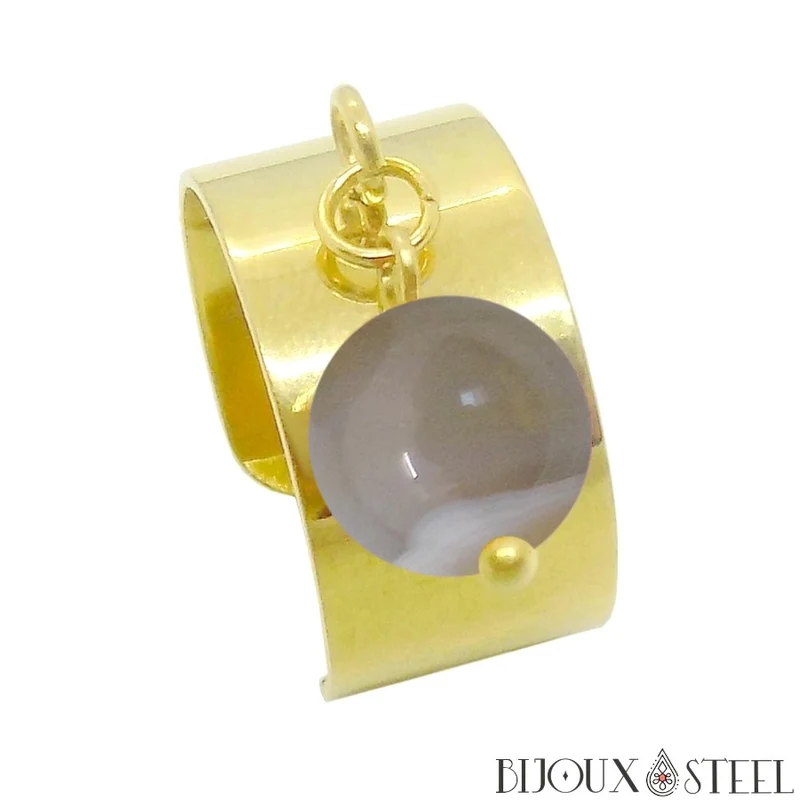Bague large ajustable à perle d'agate grise