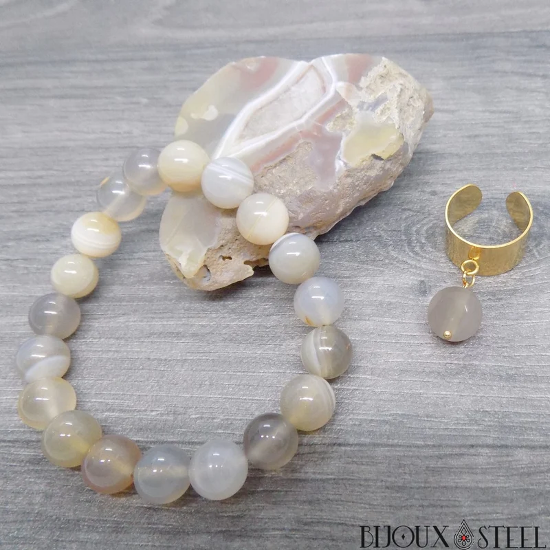 Bague large ajustable à perle d'agate grise