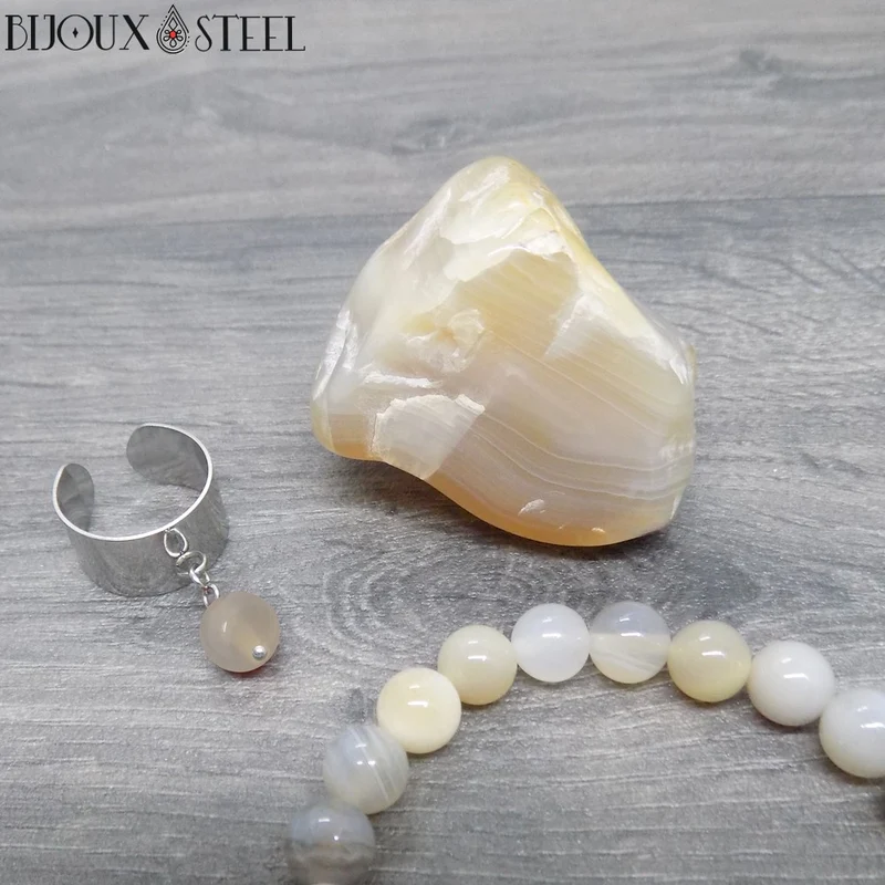 Bague large ajustable à perle d'agate grise