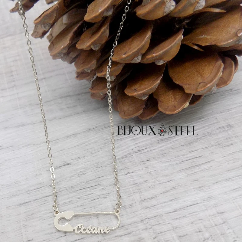 Collier épingle personnalisée à prénom en acier inoxydable