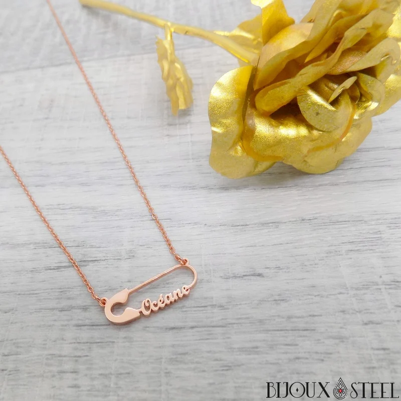 Collier épingle personnalisée à prénom en acier inoxydable