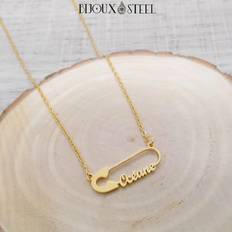 Collier épingle personnalisée à prénom en acier inoxydable