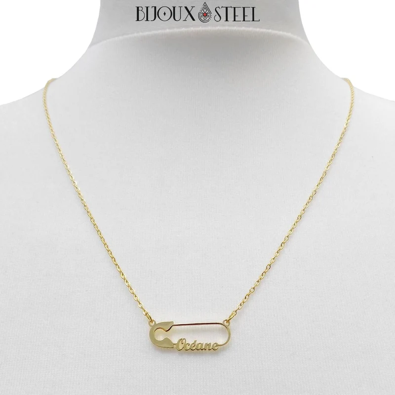 Collier épingle personnalisée à prénom en acier inoxydable
