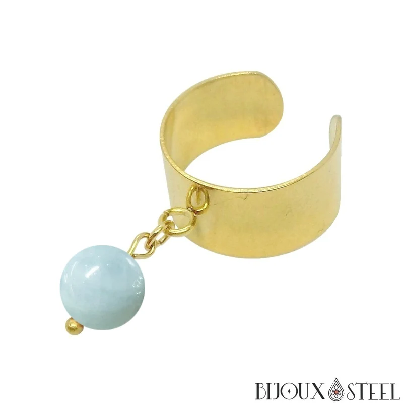 Bague large ajustable à perle d'aigue-marine