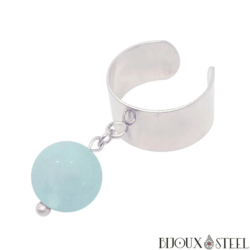 Bague large ajustable à perle d'aigue-marine