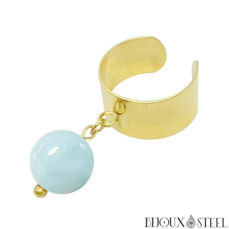 Bague large ajustable à perle d'aigue-marine