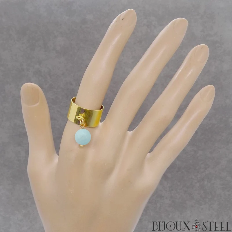 Bague large ajustable à perle d'aigue-marine