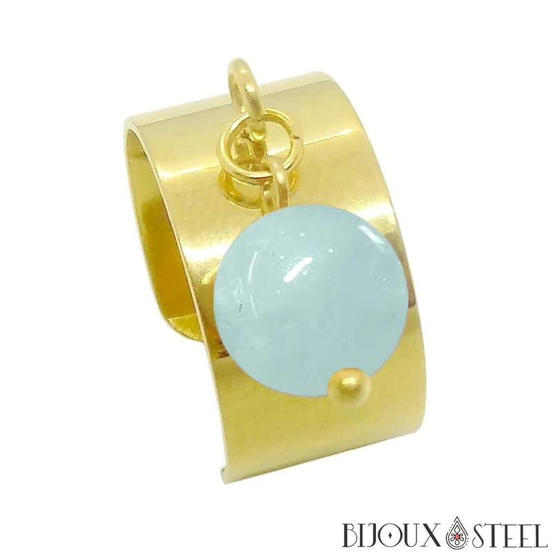 Bague large ajustable à perle d'aigue-marine