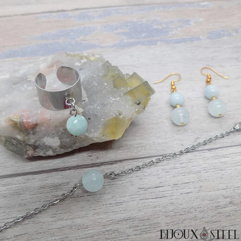 Bague large ajustable à perle d'aigue-marine