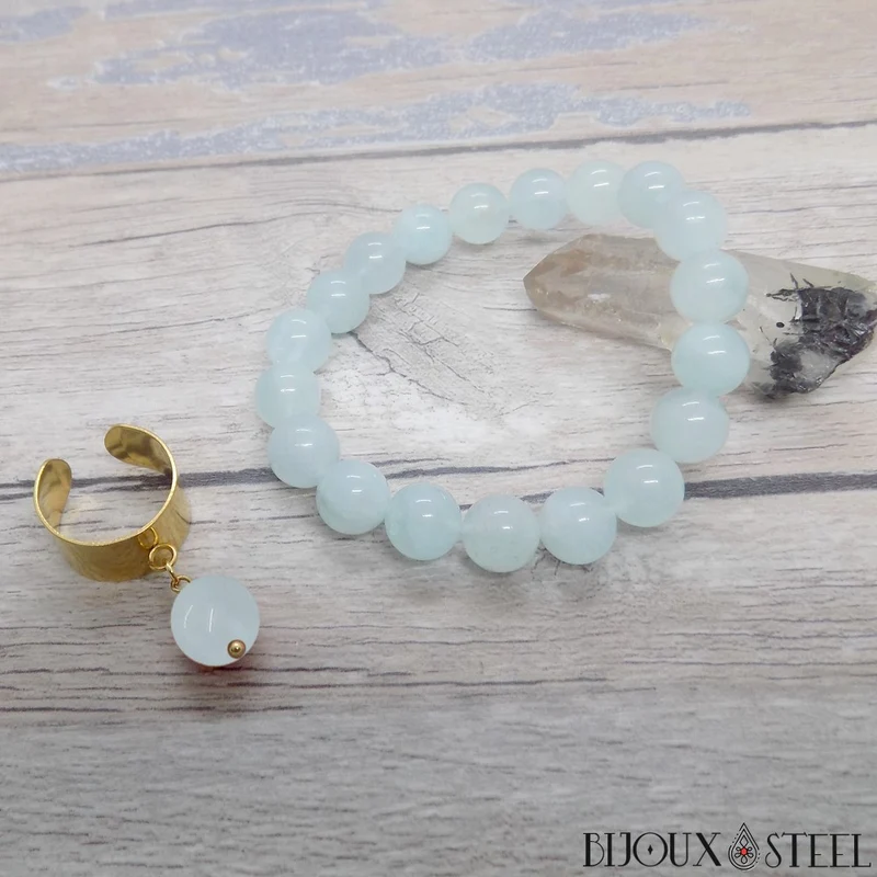 Bague large ajustable à perle d'aigue-marine
