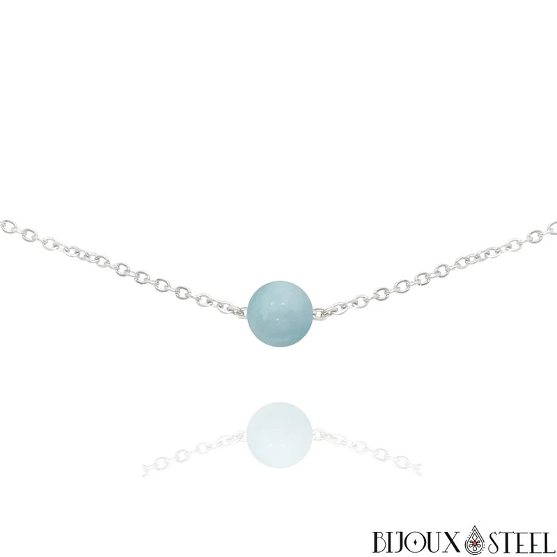 Collier à perle d'aigue-marine en acier inoxydable