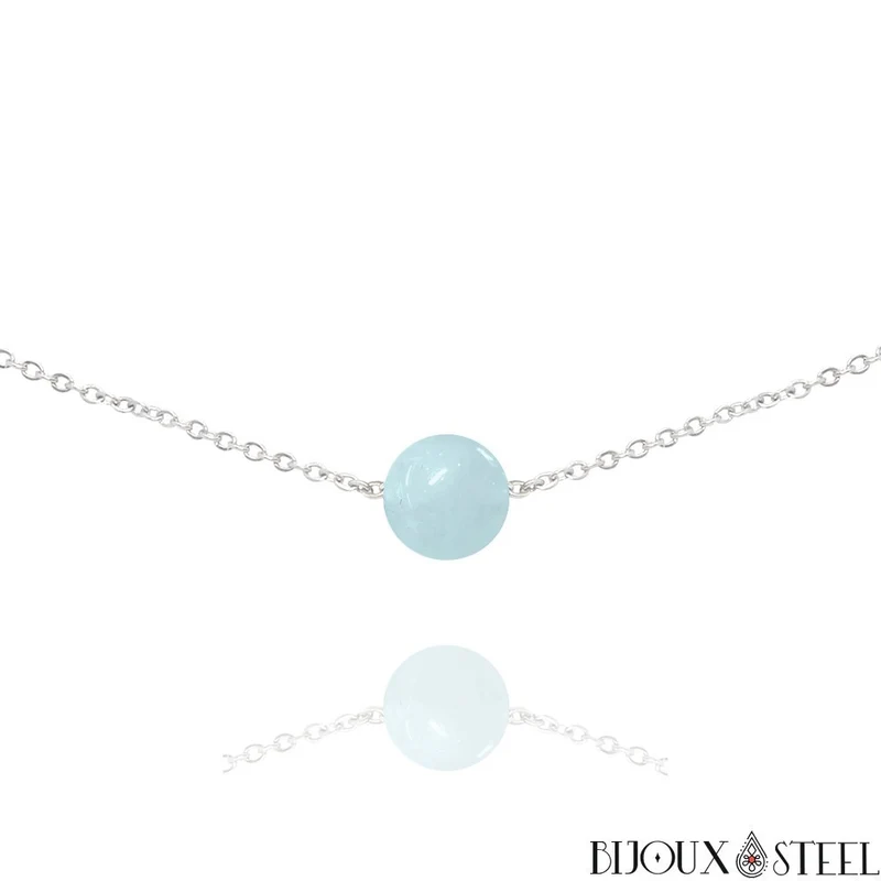 Collier à perle d'aigue-marine en acier inoxydable