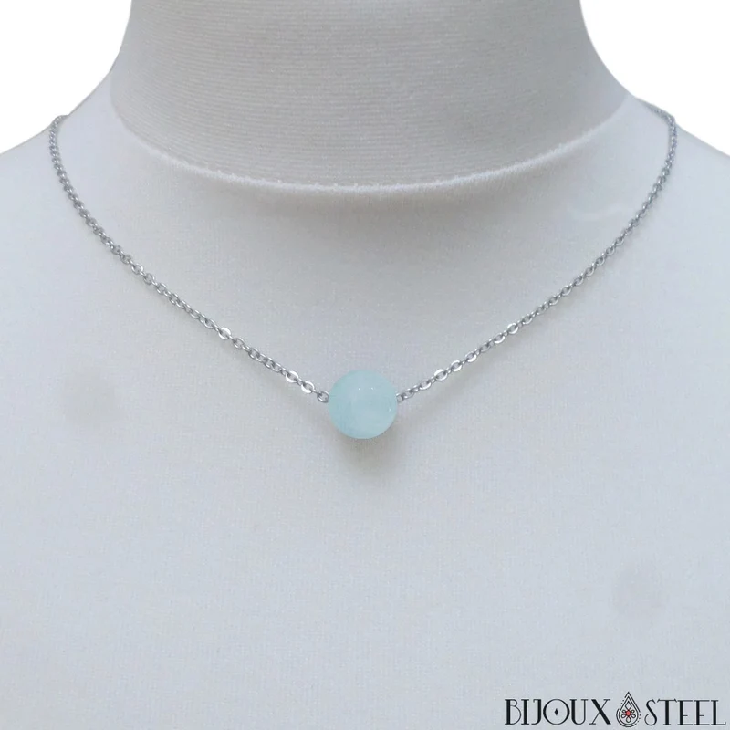 Collier à perle d'aigue-marine en acier inoxydable