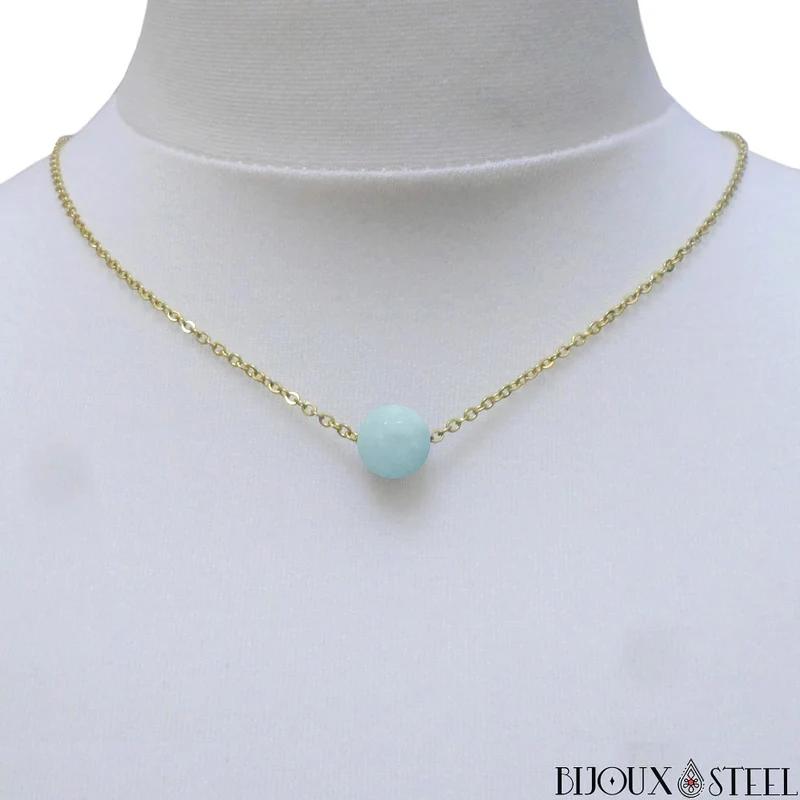 Collier à perle d'aigue-marine en acier inoxydable