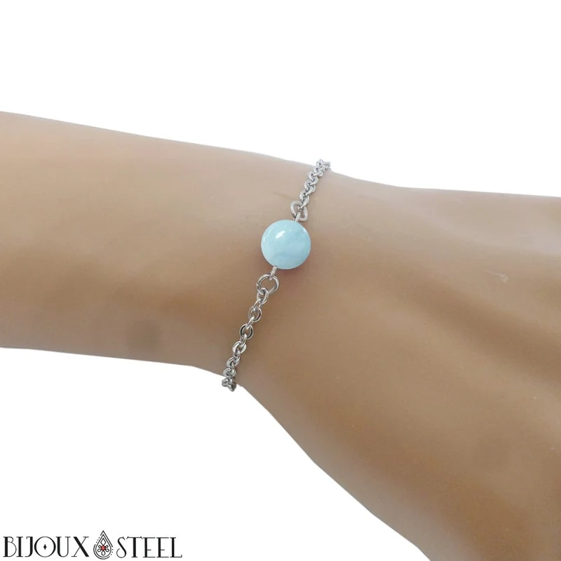 Bracelet à perle d'aigue-marine en acier inoxydable