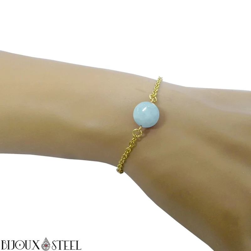 Bracelet à perle d'aigue-marine en acier inoxydable
