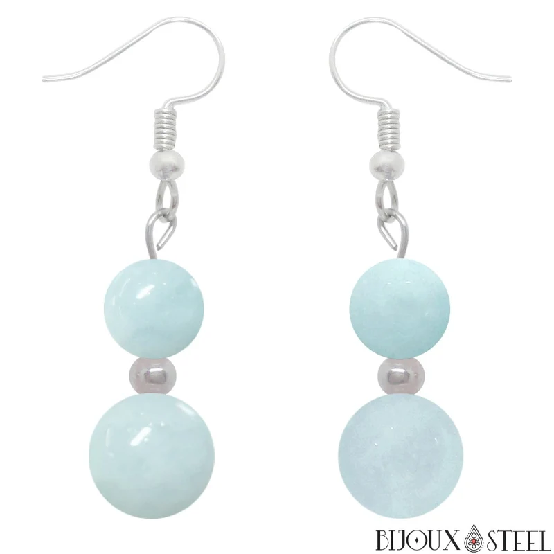 Boucles d'oreilles pendantes doubles perles en aigue-marine