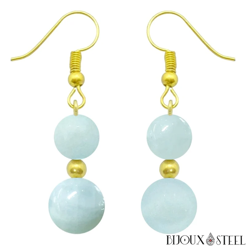 Boucles d'oreilles pendantes doubles perles en aigue-marine