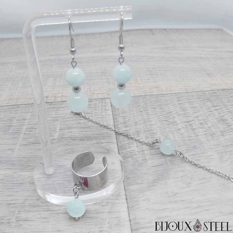 Boucles d'oreilles pendantes doubles perles en aigue-marine