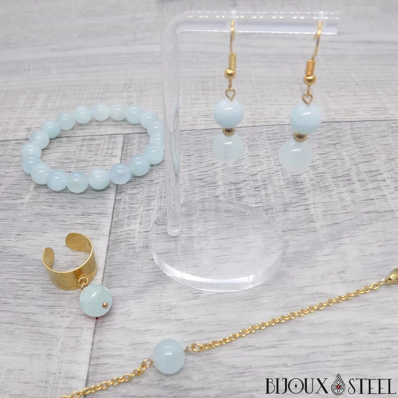 Boucles d'oreilles pendantes doubles perles en aigue-marine