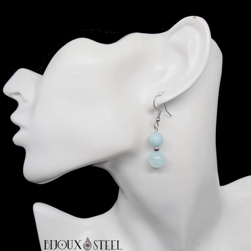 Boucles d'oreilles pendantes doubles perles en aigue-marine