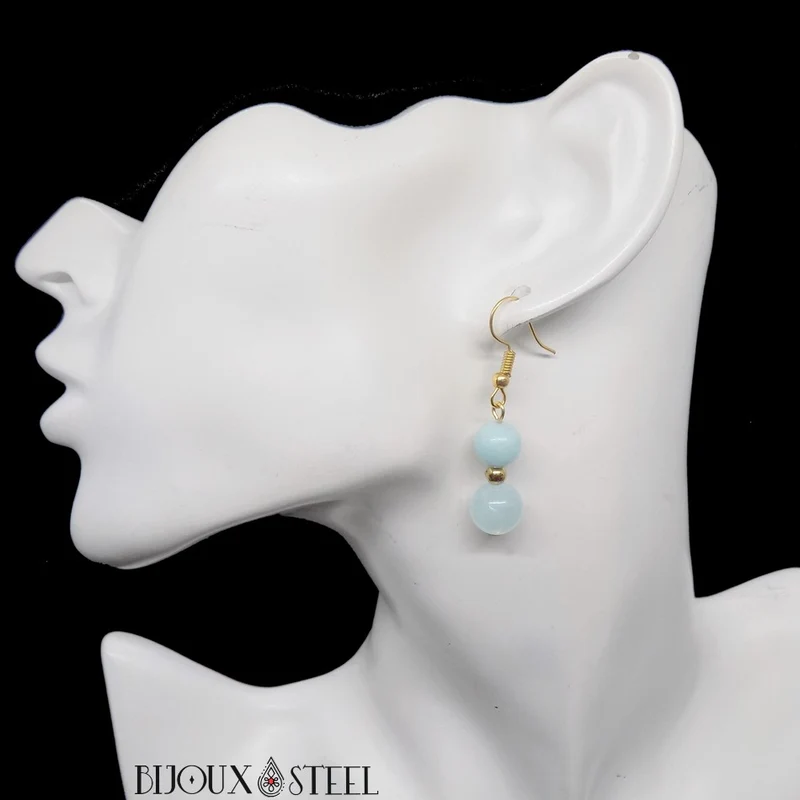 Boucles d'oreilles pendantes doubles perles en aigue-marine