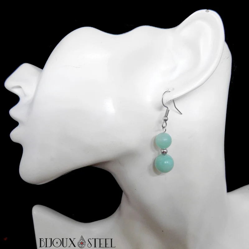 Boucles d'oreilles pendantes doubles perles en amazonite