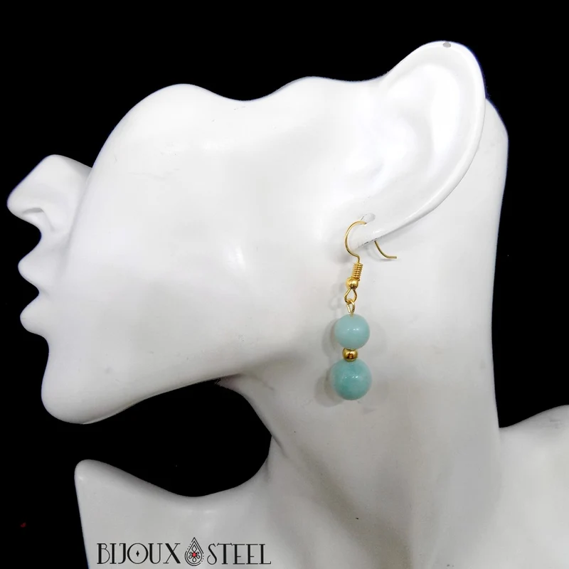 Boucles d'oreilles pendantes doubles perles en amazonite