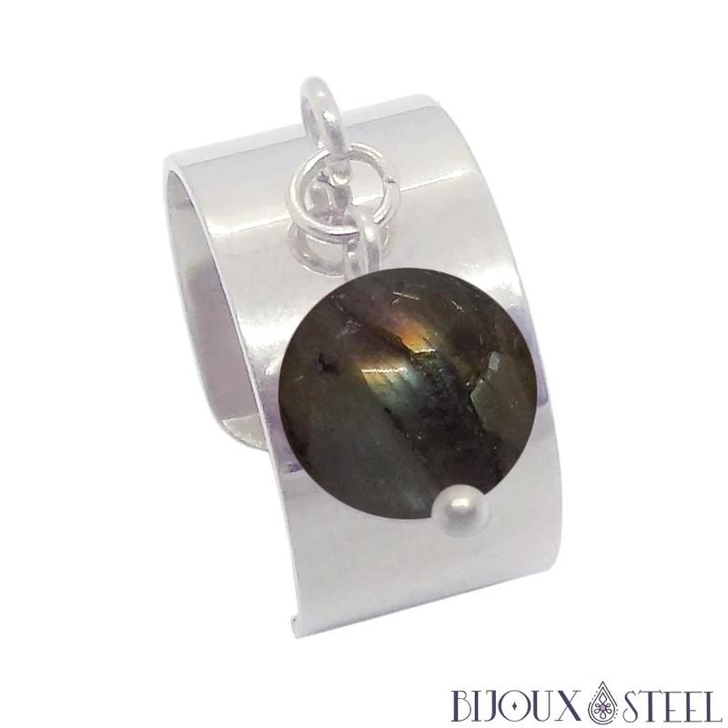 Bague large ajustable à perle de labradorite