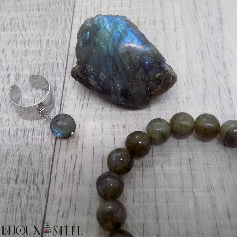 Bague large ajustable à perle de labradorite