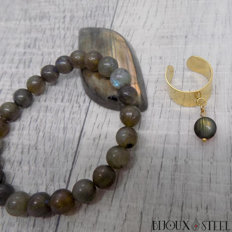 Bague large ajustable à perle de labradorite