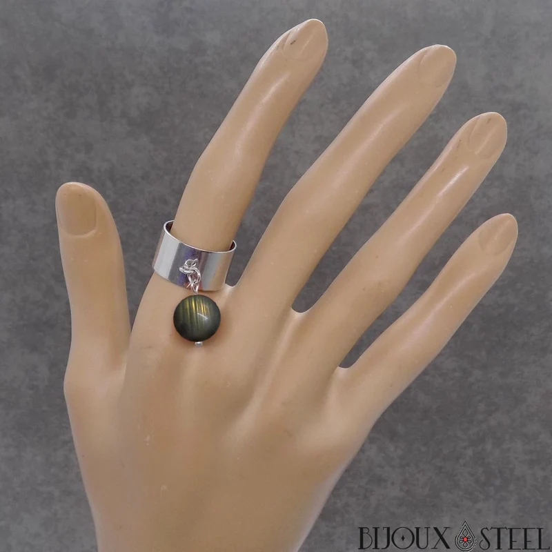 Bague large ajustable à perle de labradorite