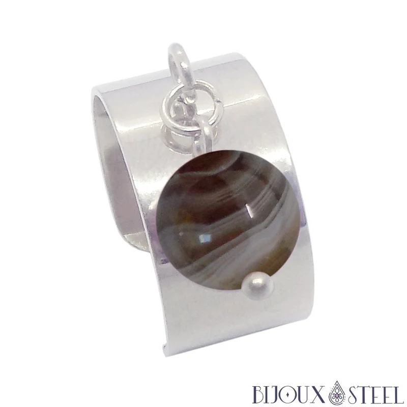 Bague large ajustable à perle d'agate du Botswana