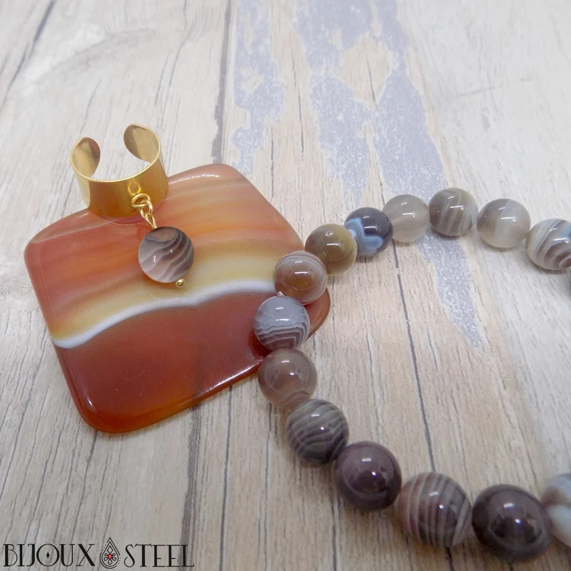 Bague large ajustable à perle d'agate du Botswana