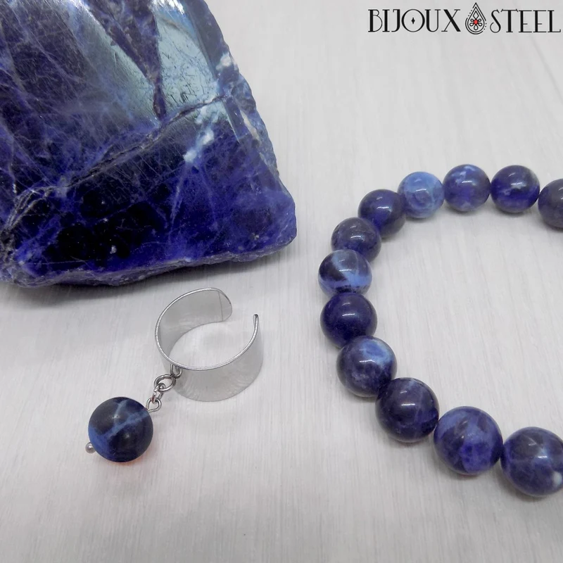 Bague large ajustable à perle de sodalite