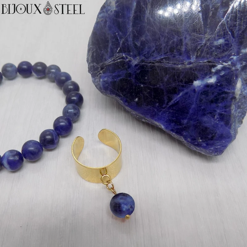 Bague large ajustable à perle de sodalite