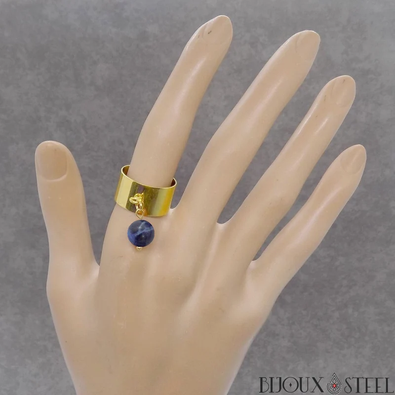 Bague large ajustable à perle de sodalite