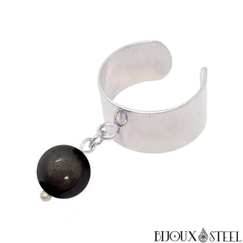 Bague large ajustable à perle d'obsidienne argentée