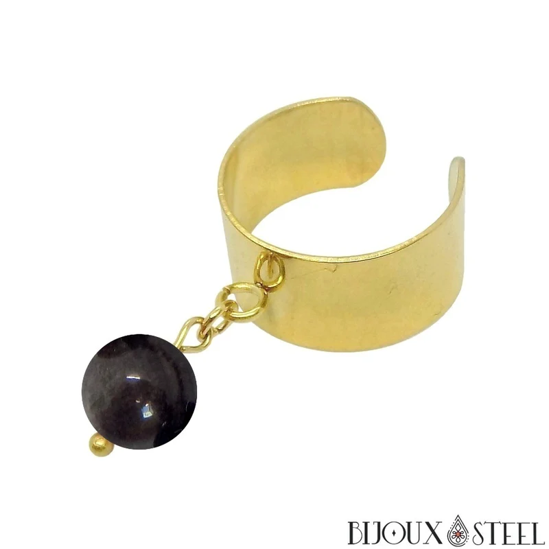 Bague large ajustable à perle d'obsidienne argentée