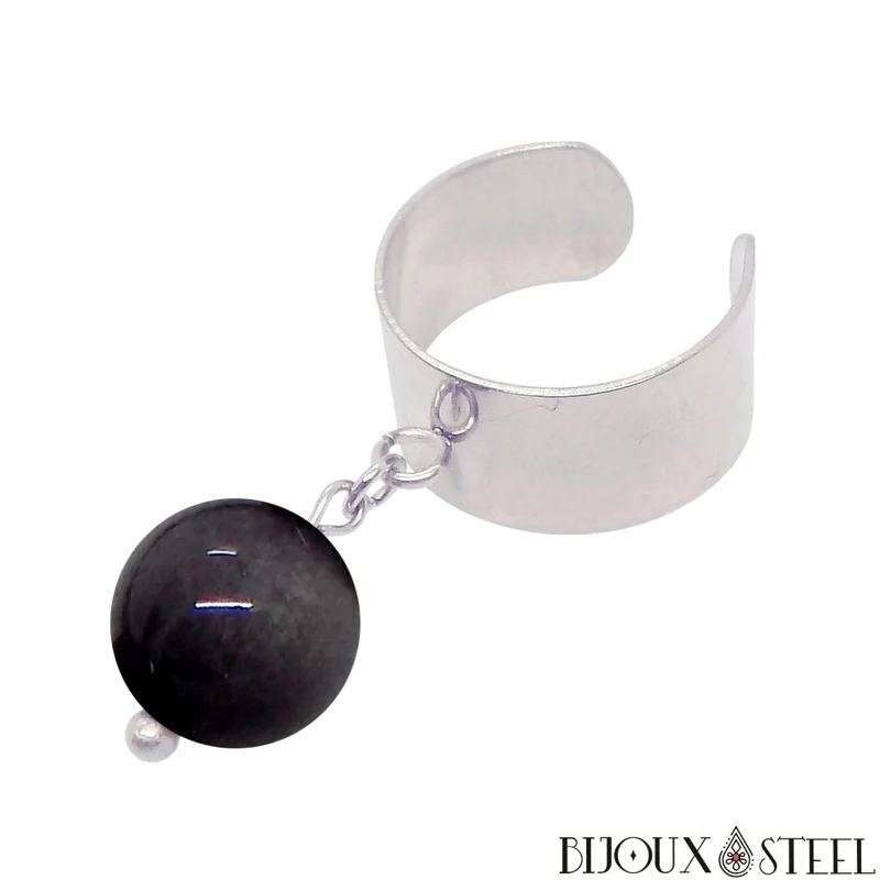 Bague large ajustable à perle d'obsidienne argentée