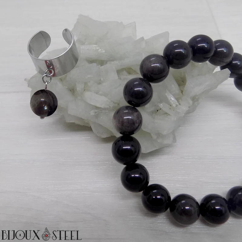 Bague large ajustable à perle d'obsidienne argentée