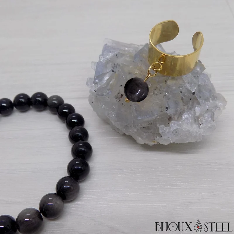 Bague large ajustable à perle d'obsidienne argentée